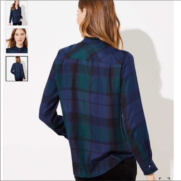 LOFT | Plaid Tartan Ruffle Button Down Long Sleeve Blouse | Blue/Green | XL - Picture 2 of 12
